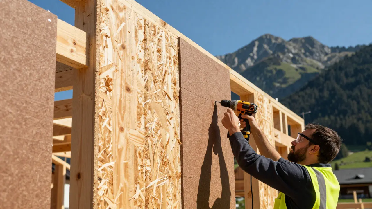 Arbeiter montiert Holzfaserdämmplatten an einer Hausfassade vor Alpenkulisse