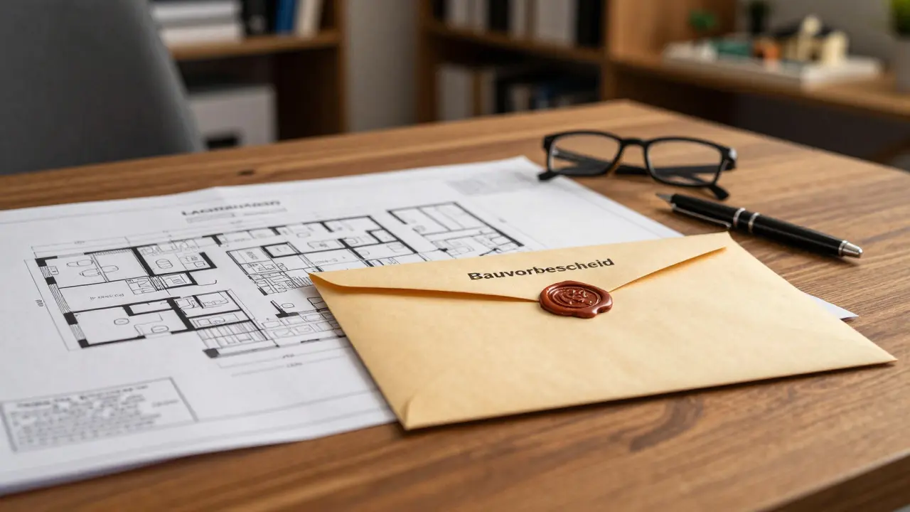 Architektenpläne und offizieller Brief auf dem Schreibtisch