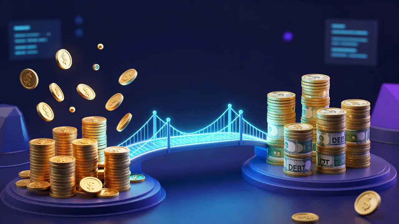 Conceptual art showing a digital bridge connecting equity and debt financing models