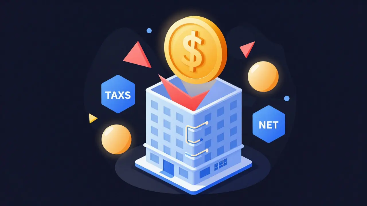 Conceptual illustration showing building costs and tax deductions affecting profit