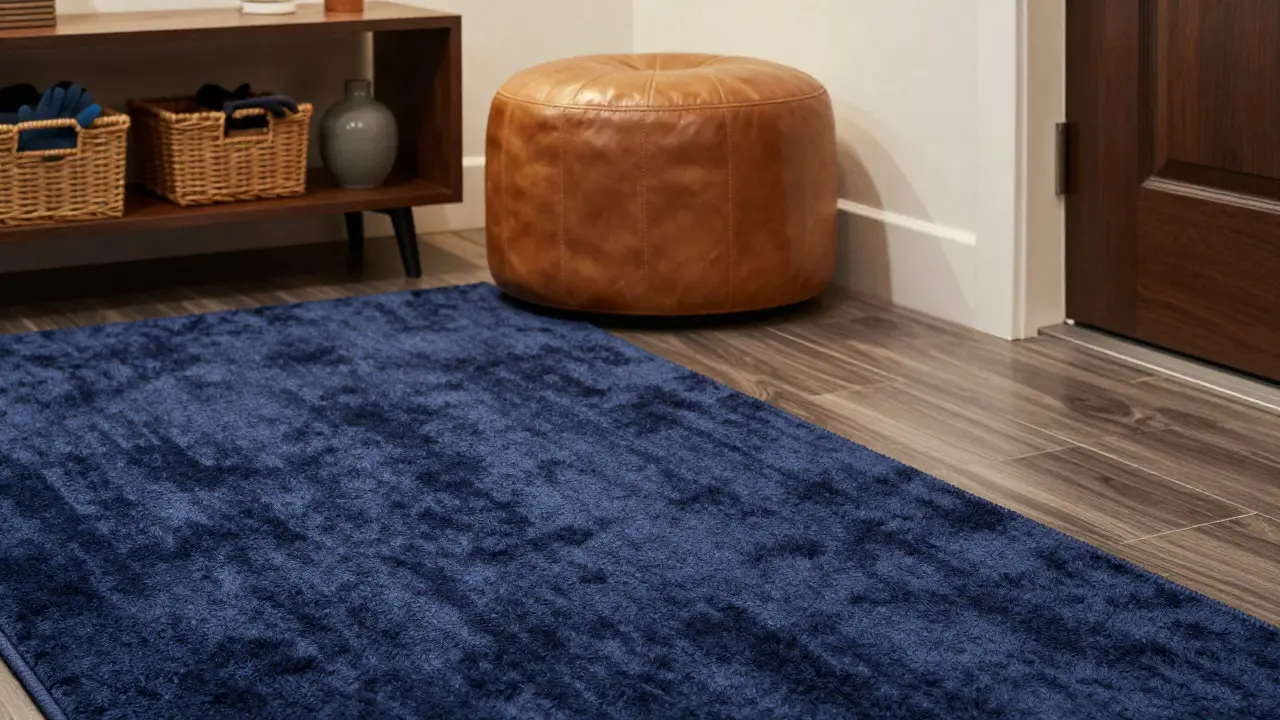 Cozy entryway with a wide rug, leather pouf, and organized sideboard