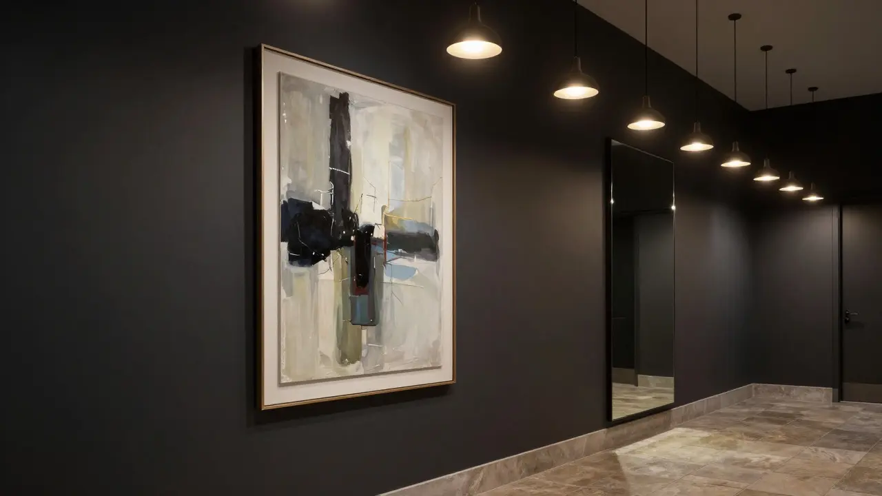 Dark grey hallway wall with art, mirror, and layered pendant lighting