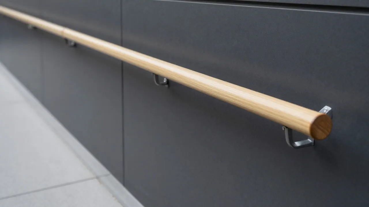 Detailaufnahme eines ergonomisch geformten Handlaufs an einer Rampe mit ausreichendem Abstand zur Wand