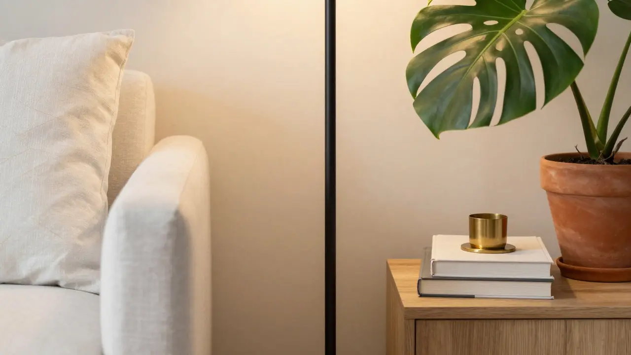 Detailaufnahme von Textilien, Holz und Pflanzen in warmen Erdtönen