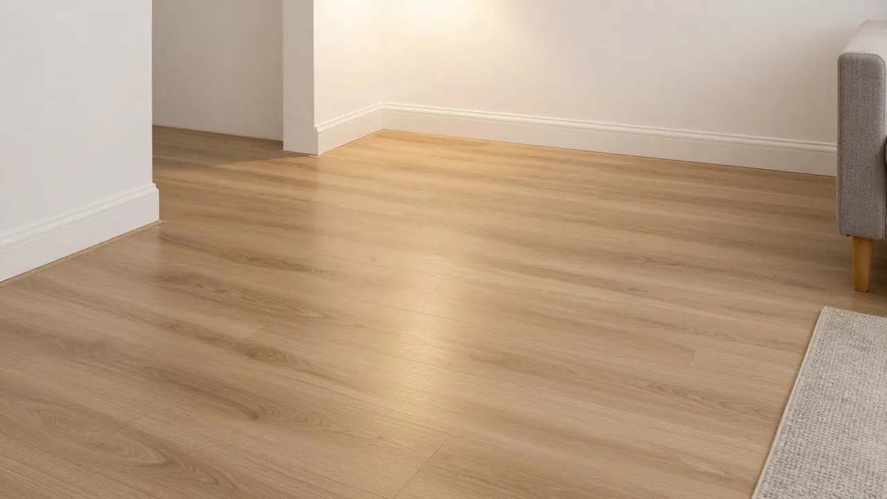 Fertig verlegter PVC-Boden mit Sockelleisten im Wohnzimmer