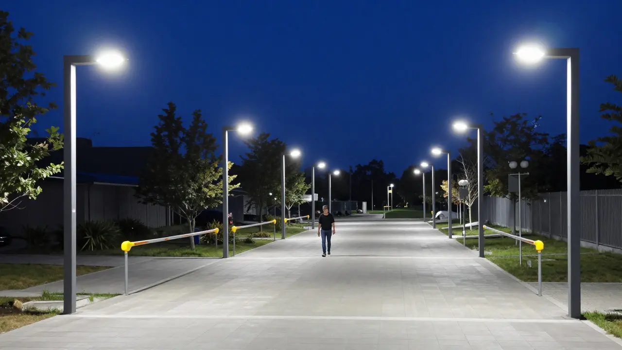 Gleichmäßig beleuchteter öffentlicher Platz bei Nacht ohne harte Schatten oder Blendung