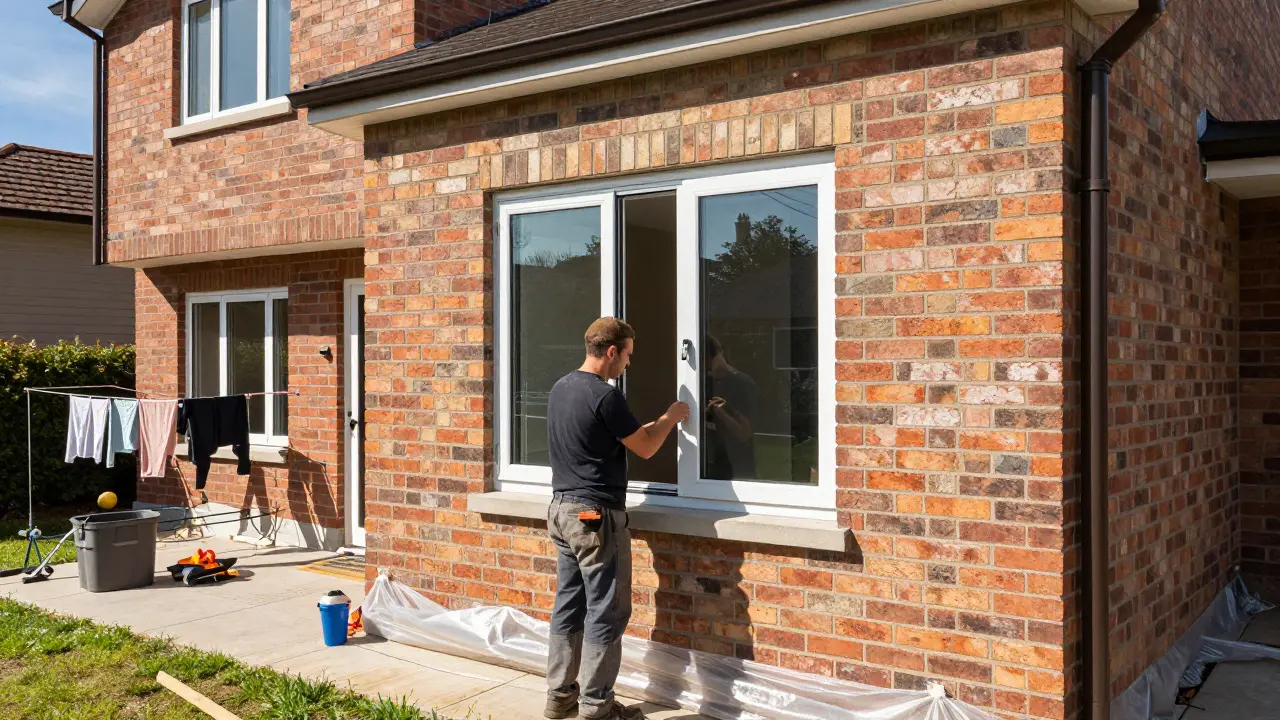 Handwerker montiert neues Fenster an der Fassade während des Weiterwohns