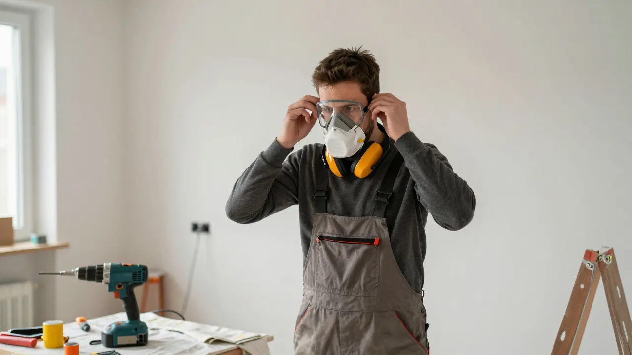 Heimwerker setzt FFP3-Maske und Gehörschutz vor der Arbeit auf