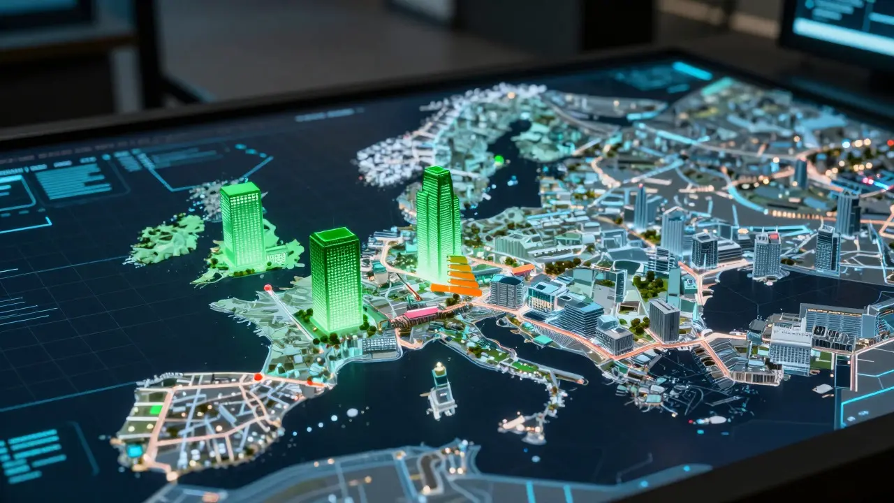 Holographic 3D city model displaying AI-driven energy efficiency and maintenance data