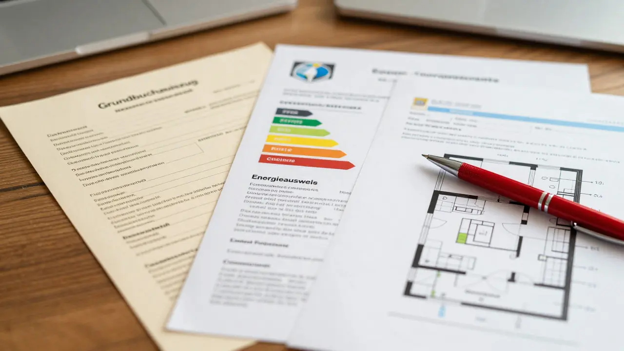 Immobilienunterlagen wie Energieausweis und Grundriss auf dem Tisch