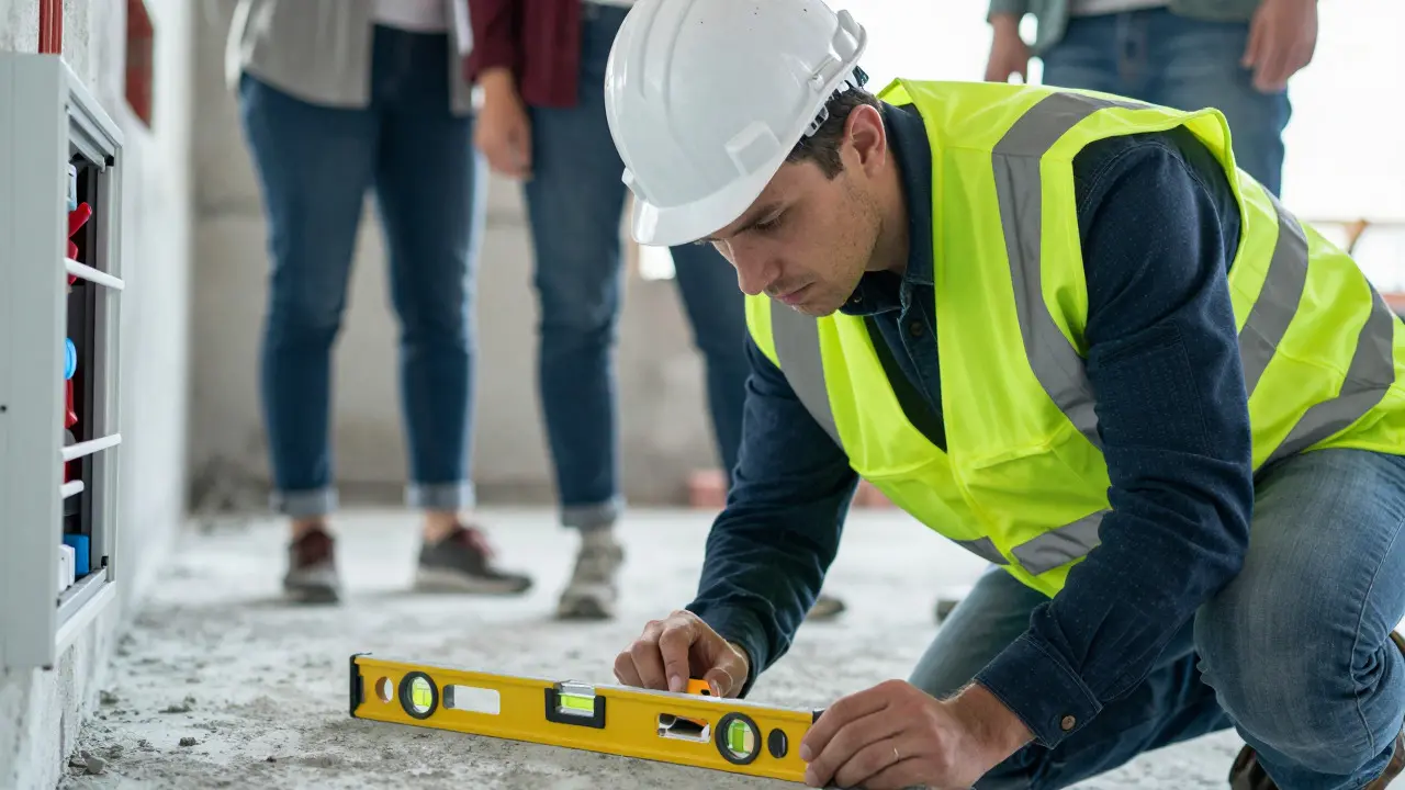 Ingenieur prüft mit Messinstrumenten eine kritische Bauphase im Wohnhaus