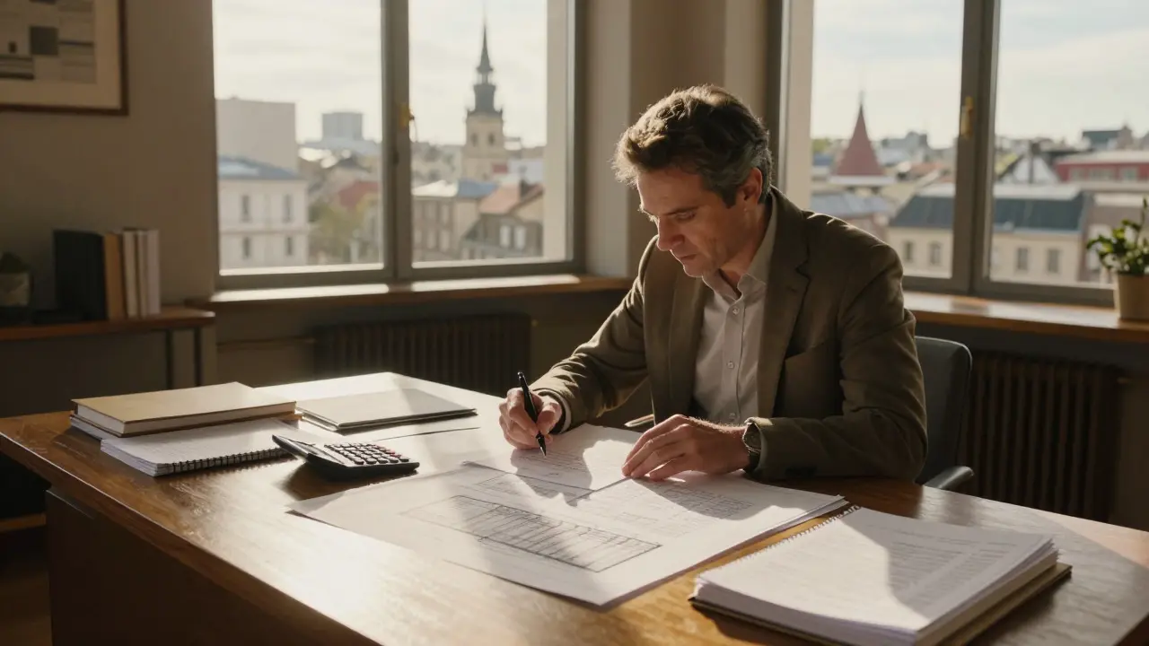Investor reviewing financial documents and blueprints in a sunlit study