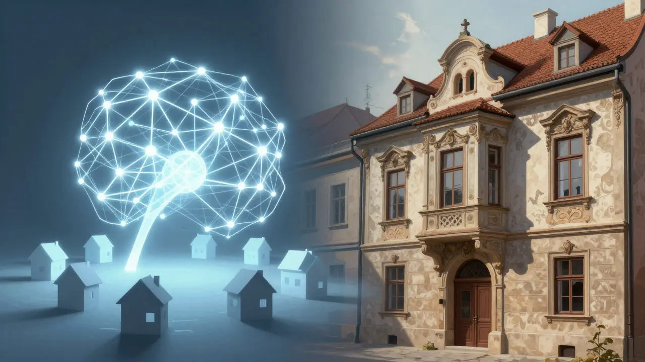 Kontrast zwischen KI-Algorithmus und historischem Gebäude