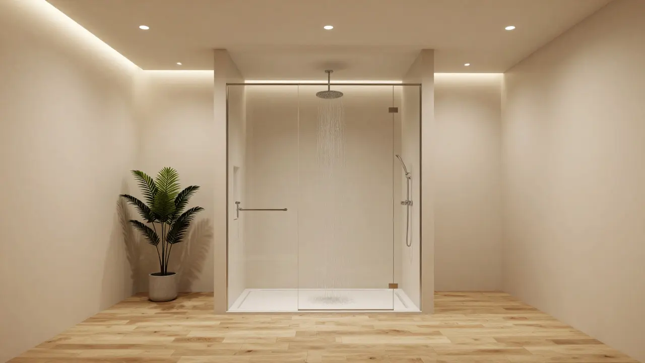 Luxuriöses modernes Bad mit Duschbadewanne und warmer Beleuchtung
