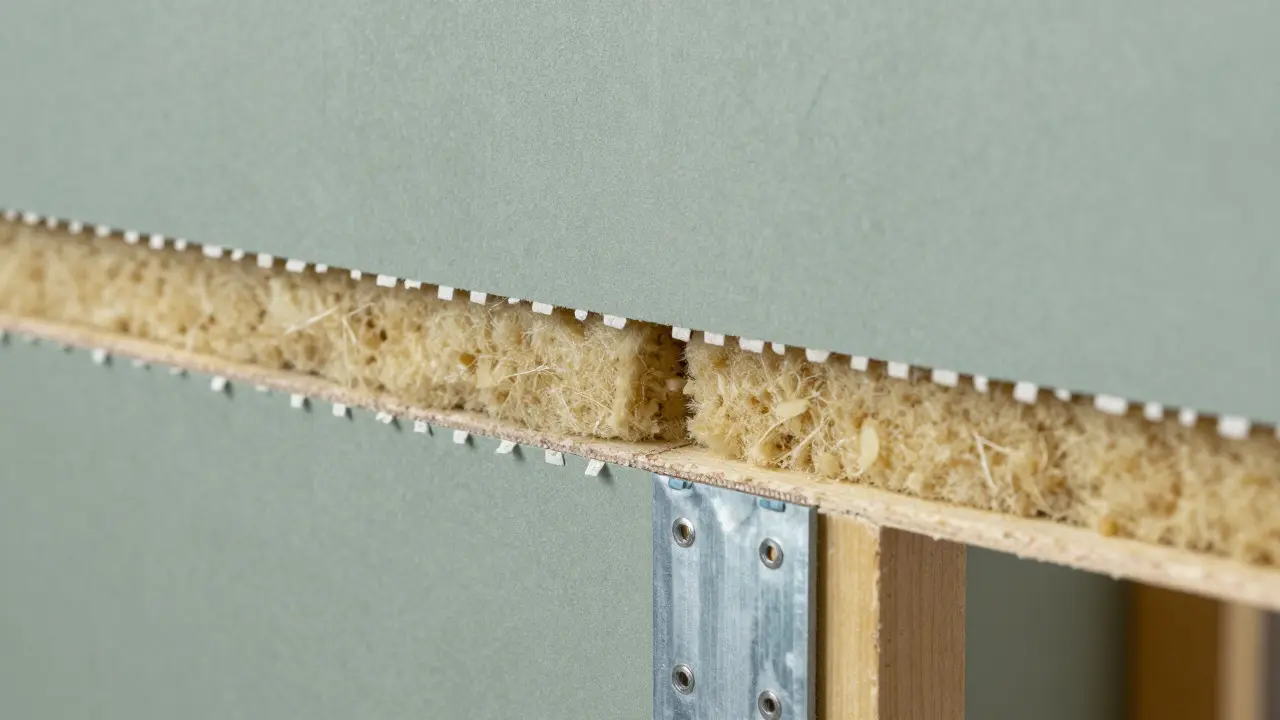 Nahaufnahme der Montage von Gipskartonplatten und Mineralwolle