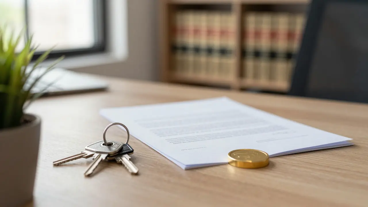 Notarieller Schreibtisch mit unterschriebener Urkunde und Hausschlüsseln