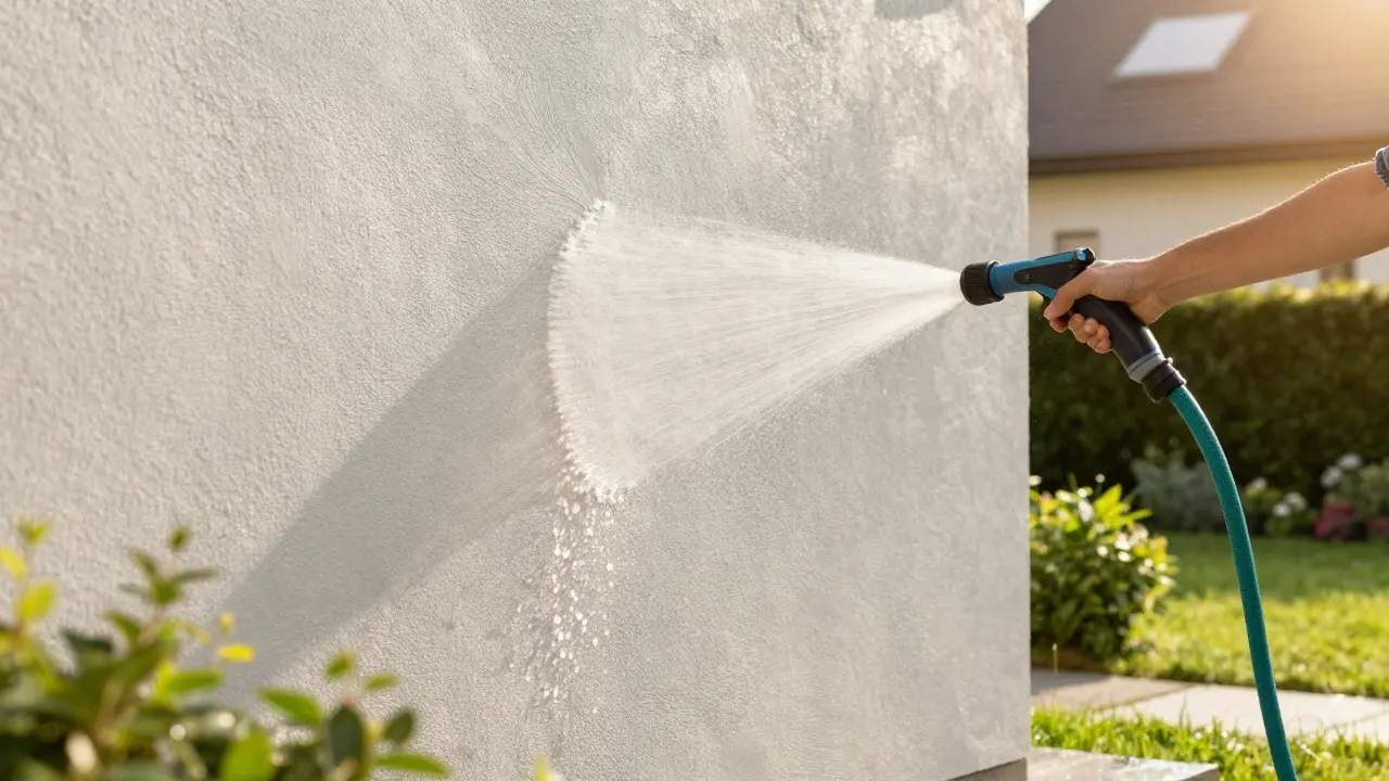 Person reinigt eine Faserzementfassade sanft mit einem Gartenschlauch