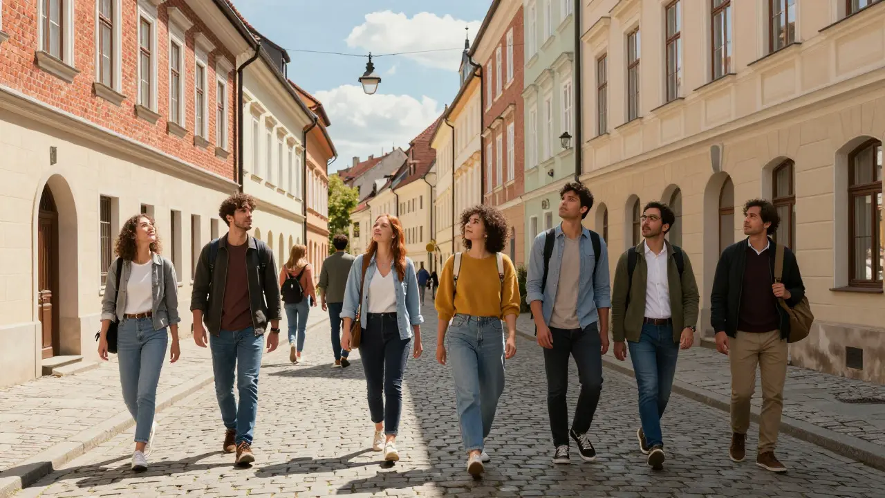 Potential buyers inspecting houses in a busy European city street, illustrating high market demand