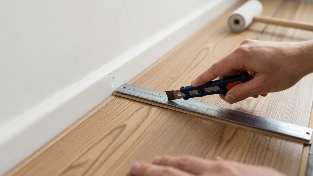 Präziser Zuschnitt von PVC-Boden mit Messer und Lineal