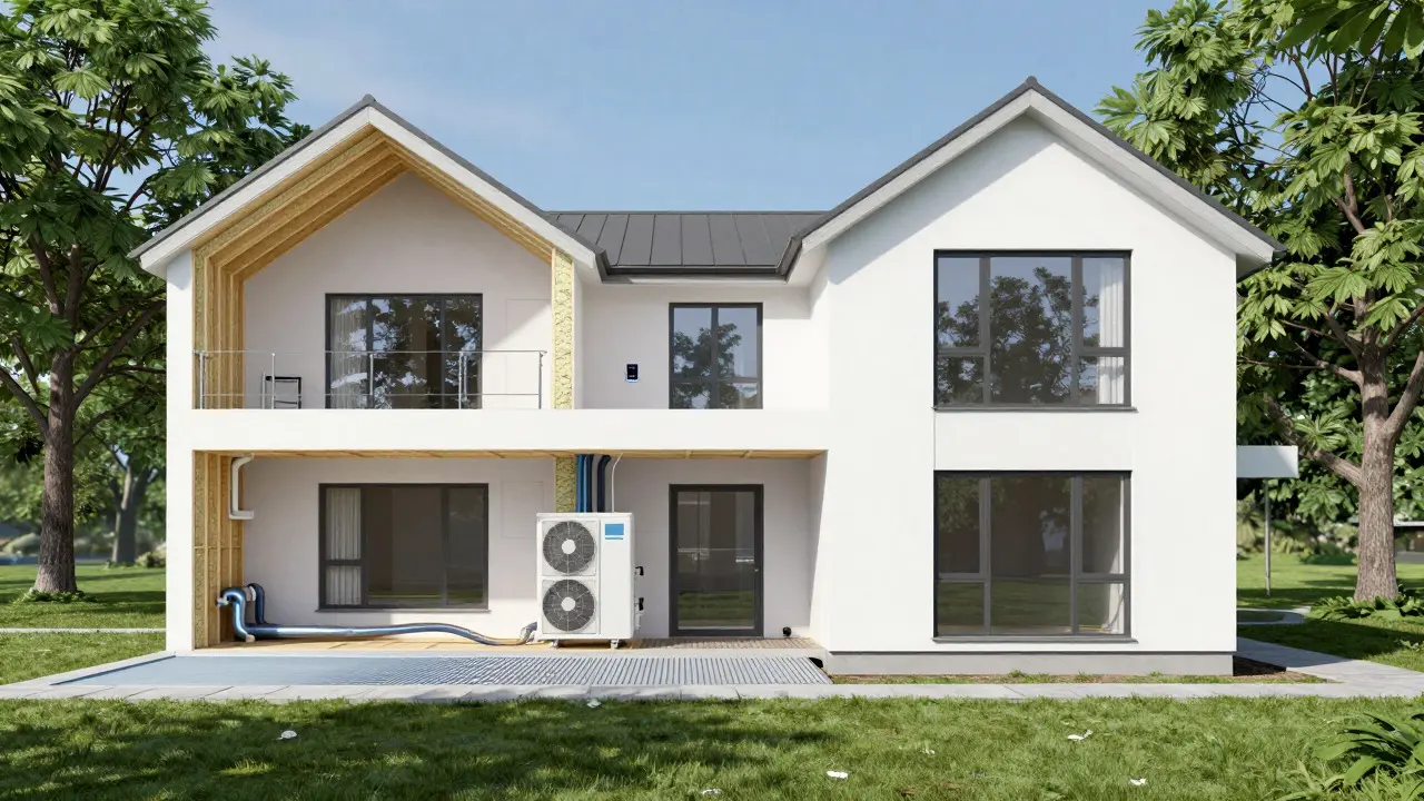 Schnittmodell eines energetisch sanierten Hauses mit Wärmepumpe und Dämmung