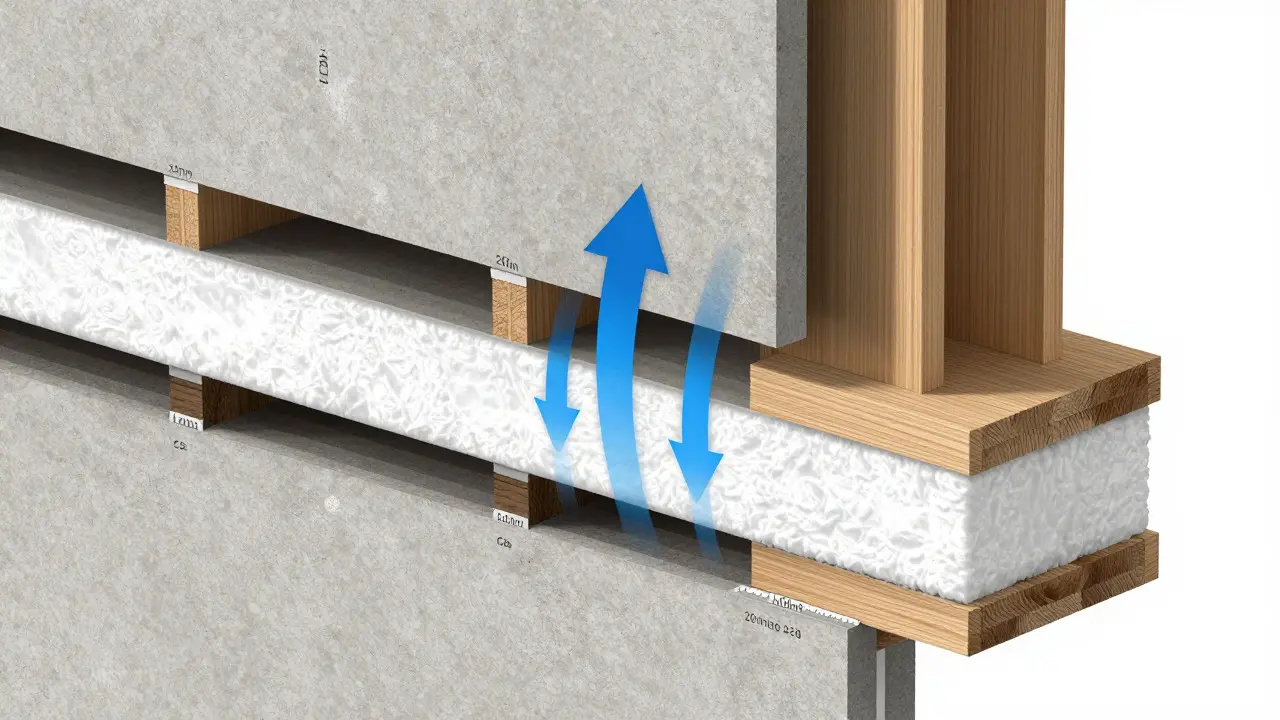Schnittzeichnung einer hinterlüfteten Fassade mit Luftspalt und Holzlattung