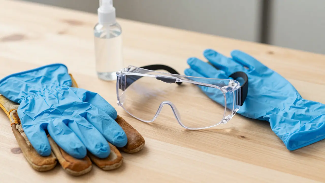 Schutzbrille, Nitril- und Lederhandschuhe auf einer Werkbank