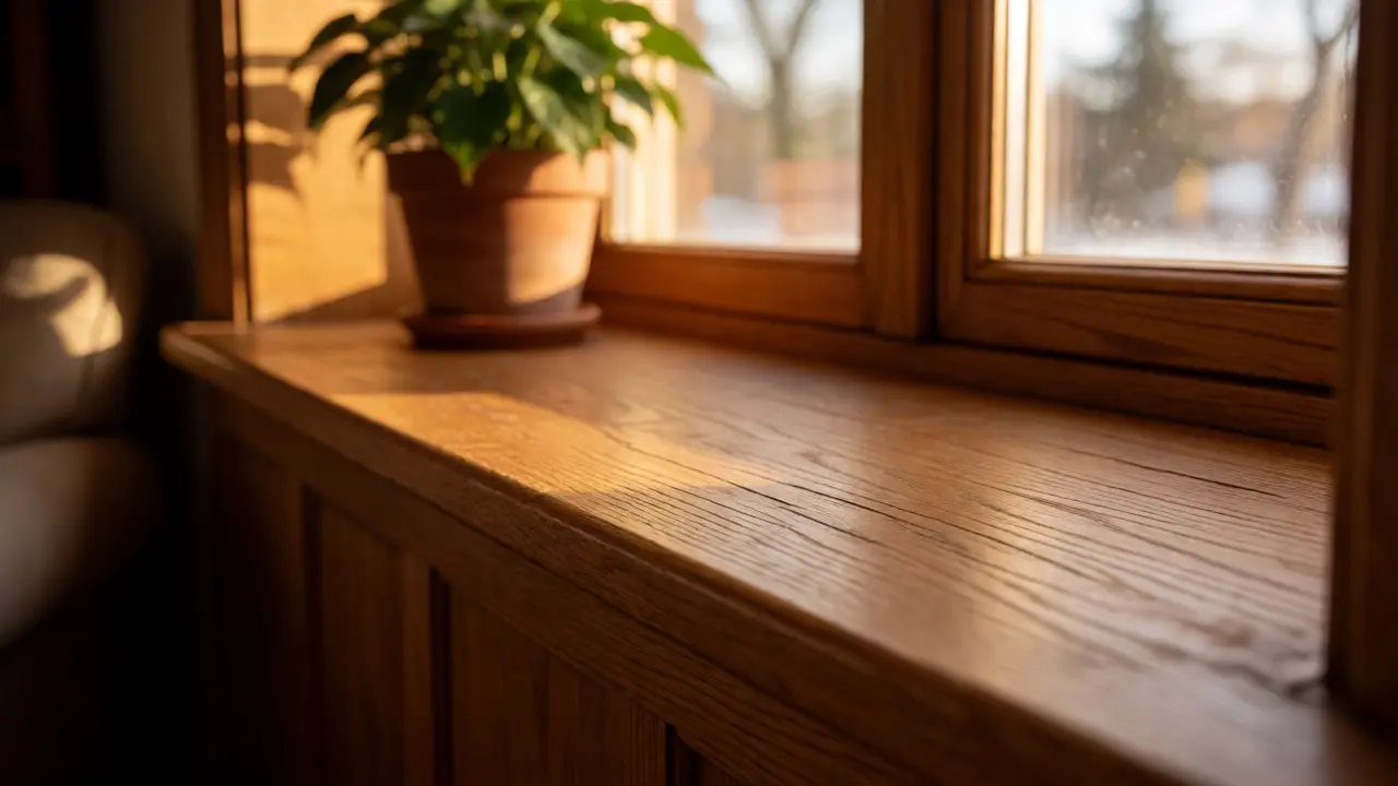Warme Eichenholz-Fensterbank mit Pflanze im gemütlichen Wohnzimmer