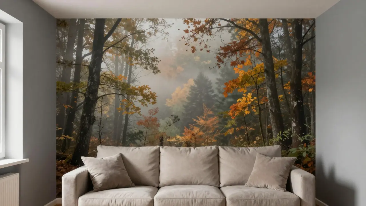 Wohnzimmer-Ecke mit grauen Wänden und einer Fototapete eines Waldes