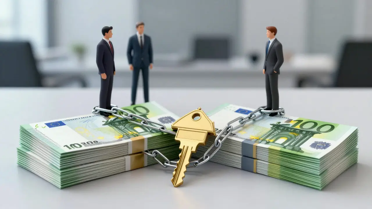 Zwei Stapel Geld und Schlüsselketten zeigen das Risiko doppelter Provisionen