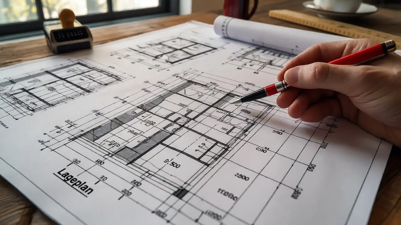 Architekturblaupausen auf einem Schreibtisch mit Fokus auf Maßstäbe und technische Details.