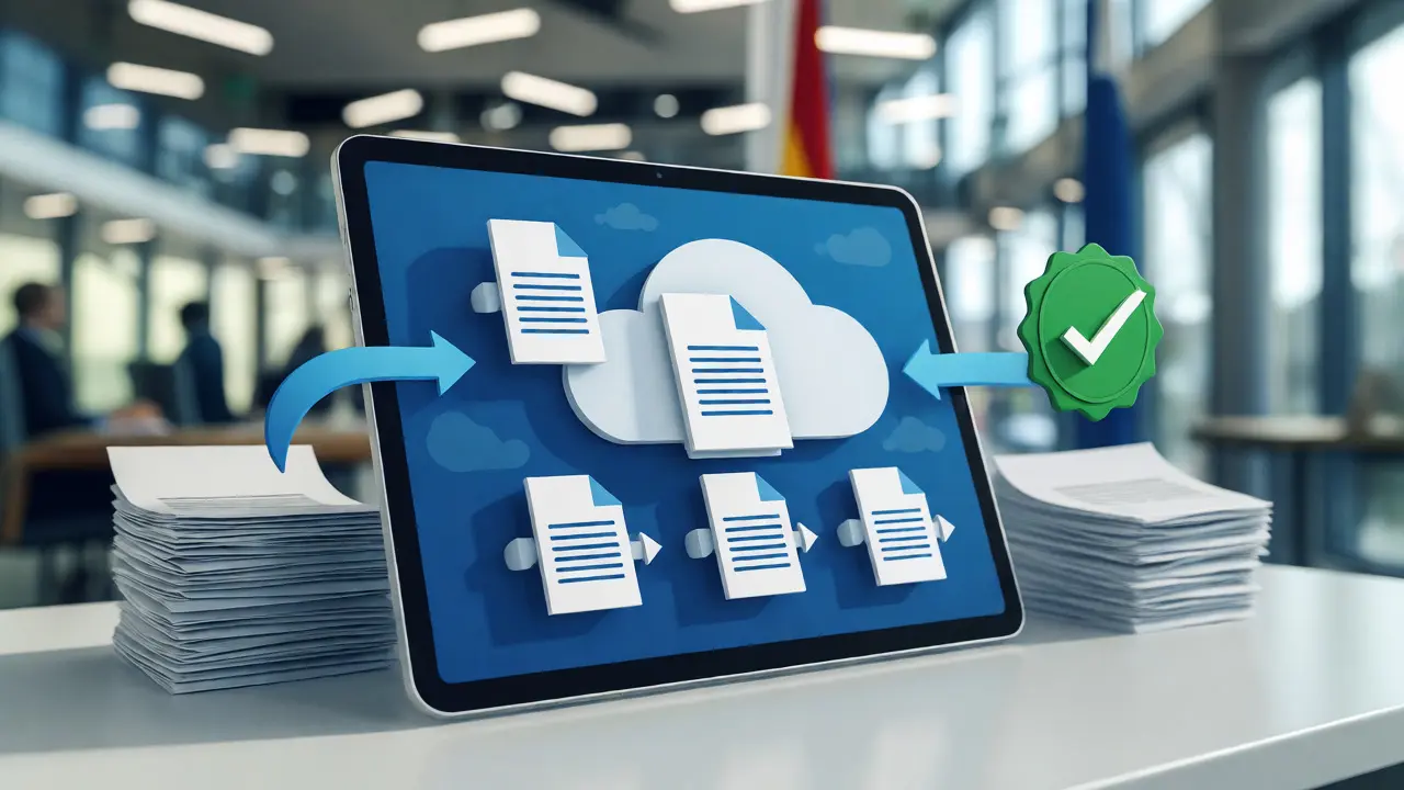 Digitale Übermittlung von Bauantragsdokumenten über ein Tablet mit Cloud-Symbolik.