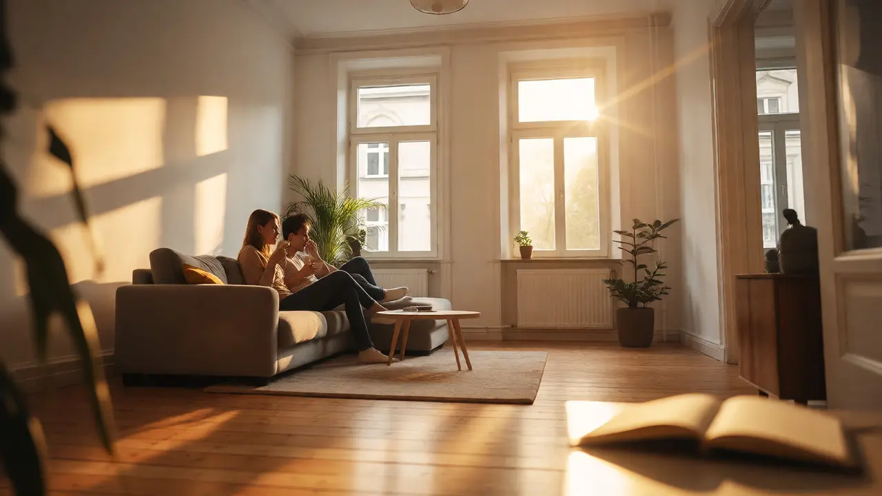 Entspanntes Paar in fertig renovierter Altbauwohnung mit Sonnenlicht