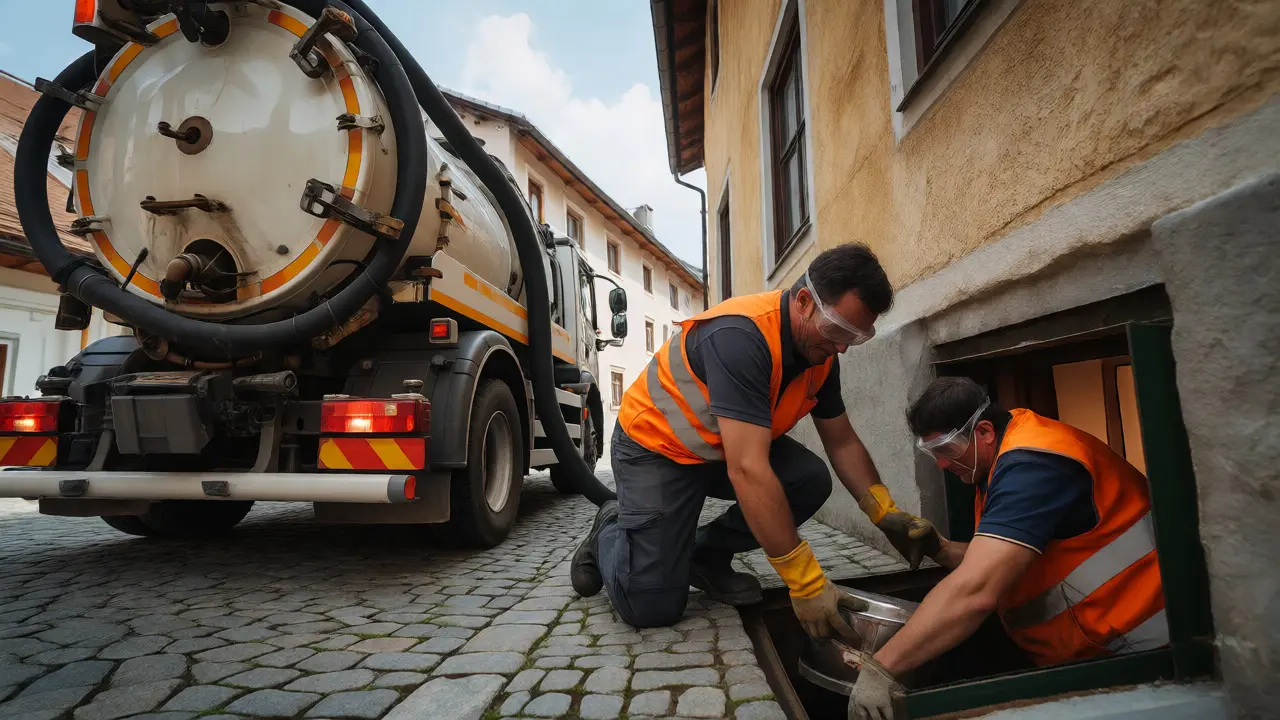 Fachbetrieb demontiert Öltank vor einem Haus