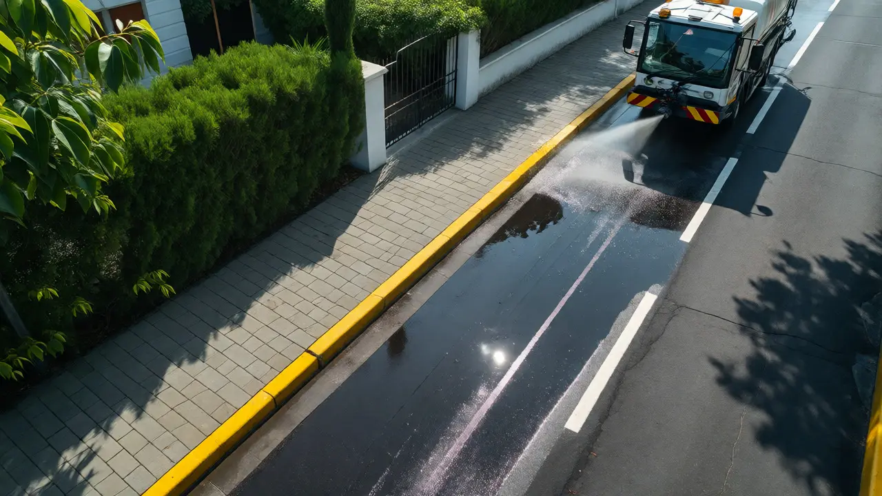 Gereinigte Straße und Gehweg aus der Vogelperspektive mit Reinigungsfahrzeug