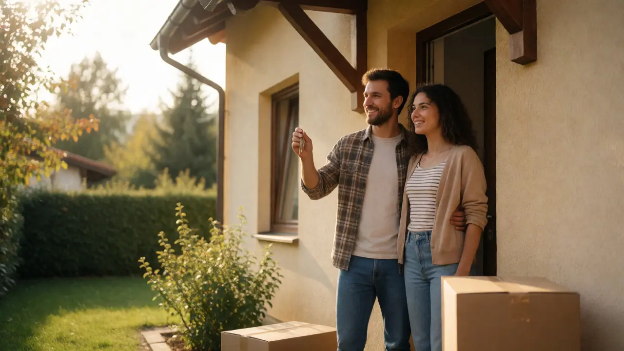 Glückliches Paar am Eingang eines neu gekauften Hauses nach erfolgreicher Finanzplanung