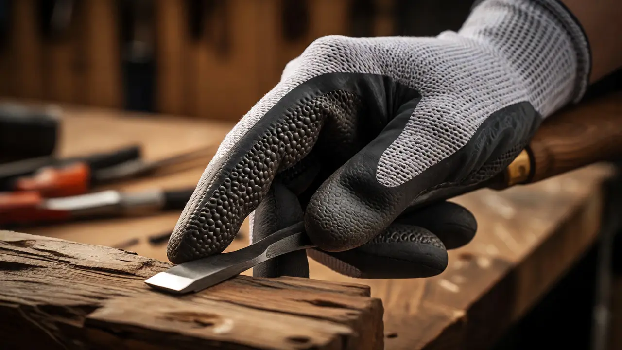 Hand in schnittfestem Handschuh hält Werkzeug im Fokus