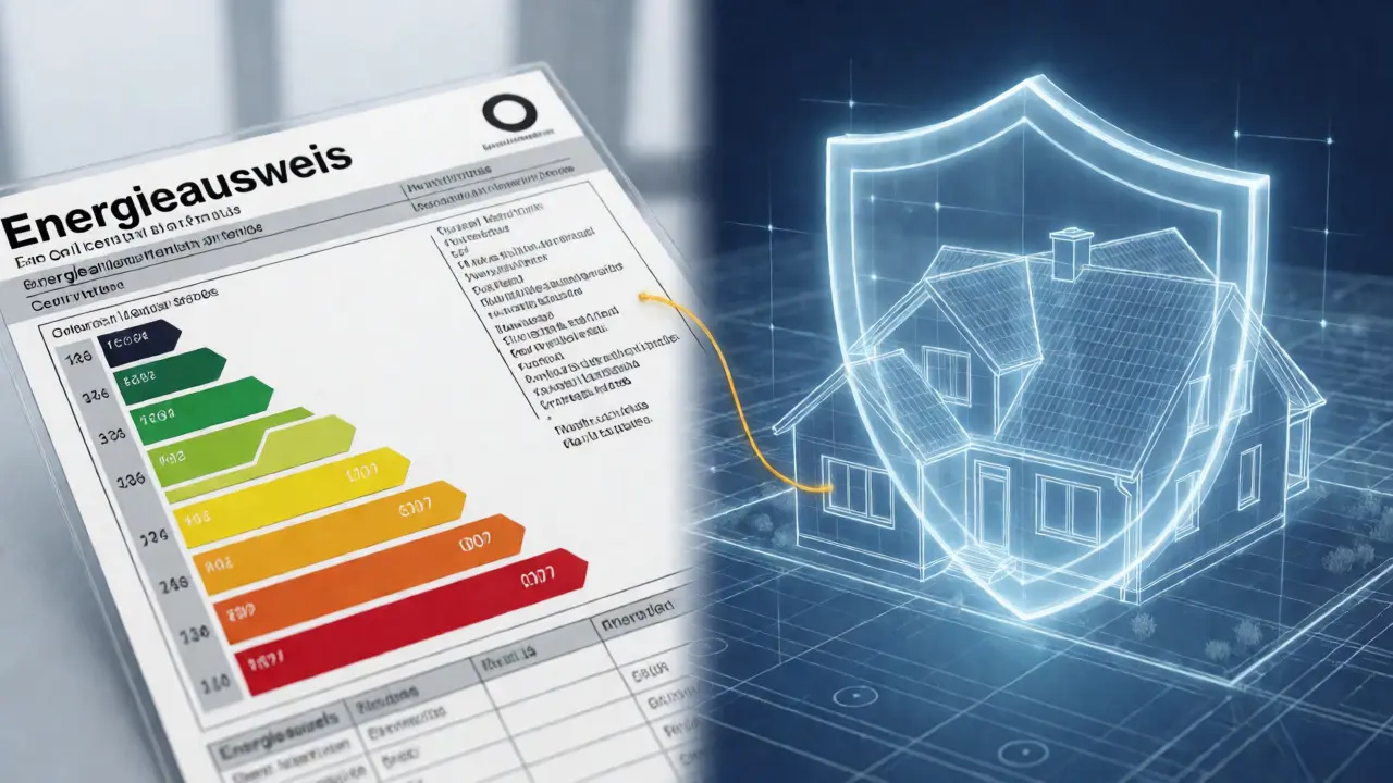 Konzeptionelle Darstellung von Energieausweis und rechtlicher Sicherheit beim Hausverkauf.