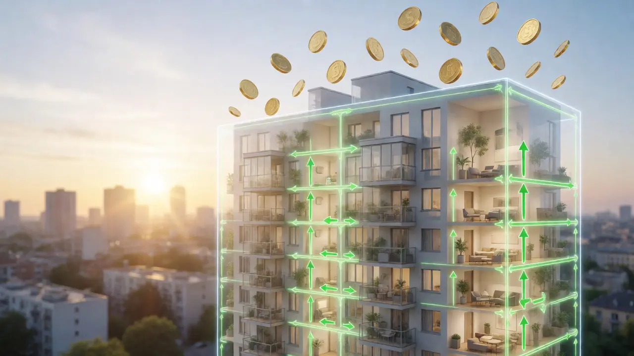 Konzeptuelle Darstellung eines Gebäudes mit Energieflüssen und steigenden Münzen.