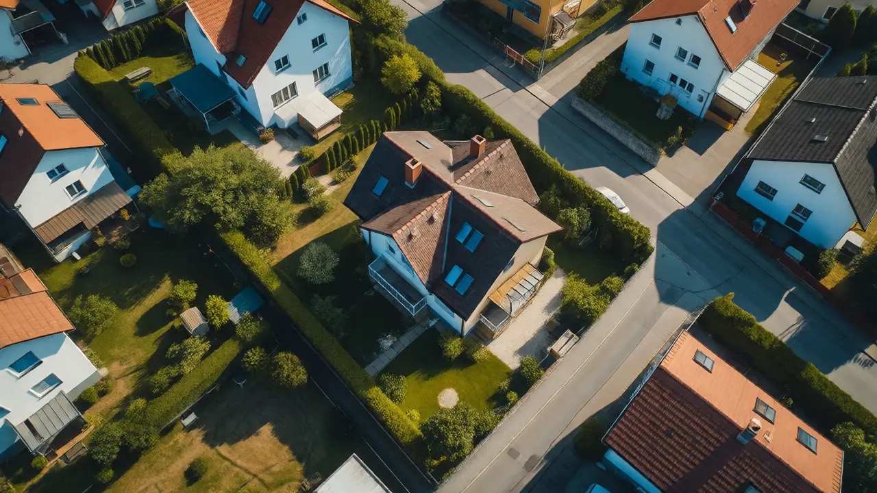 Luftaufnahme eines Einfamilienhauses mit Garten