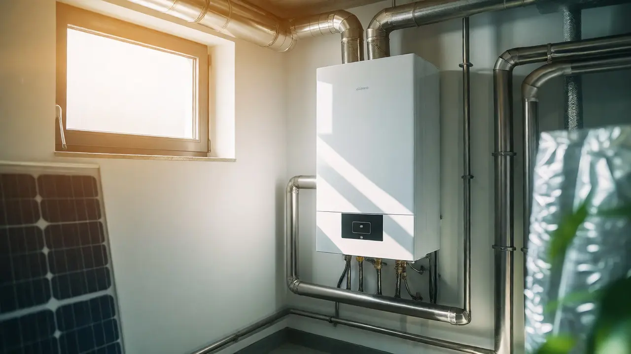 Moderne Wärmepumpe in einem hellen Heizungsraum
