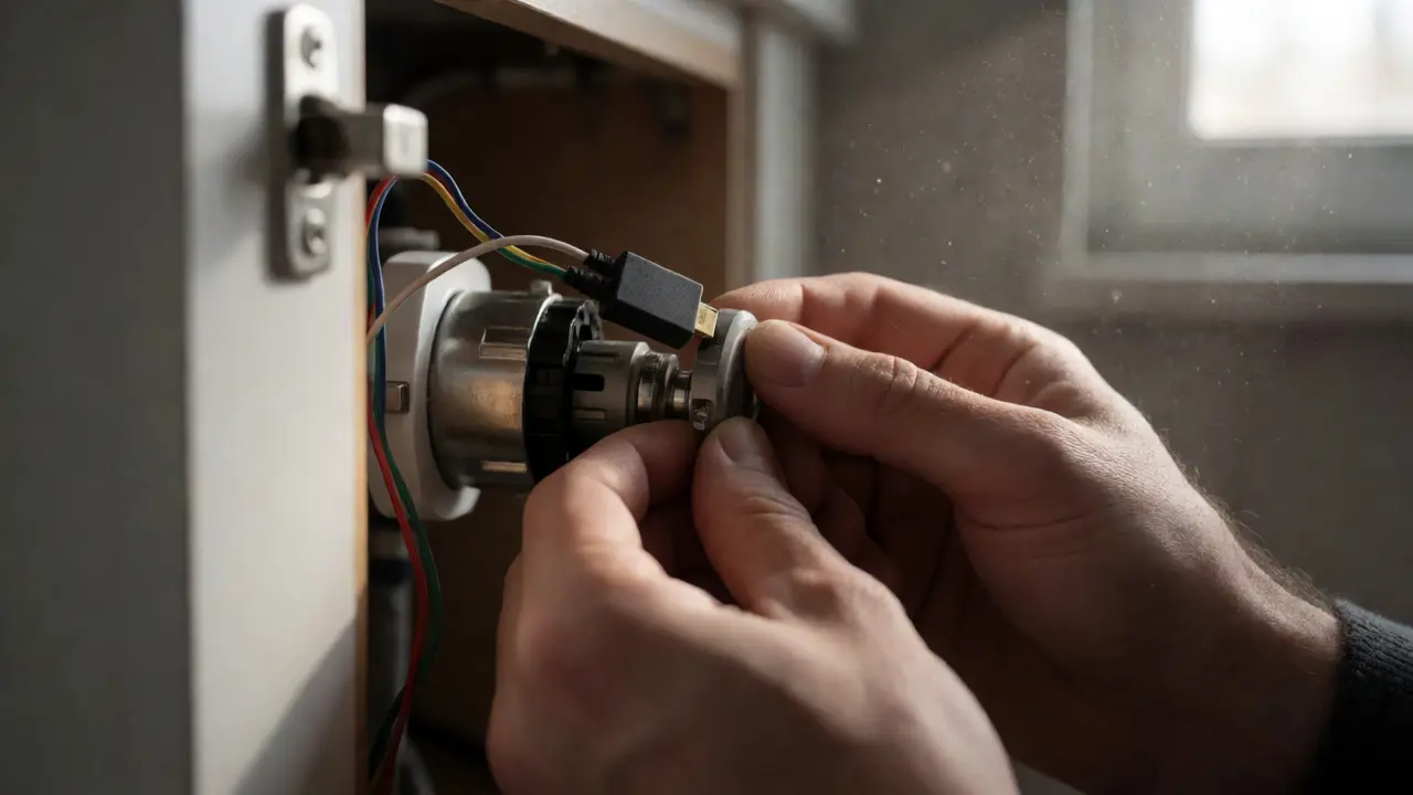 Nahaufnahme der Installation von Smart-Home-Komponenten im Sanitärbereich