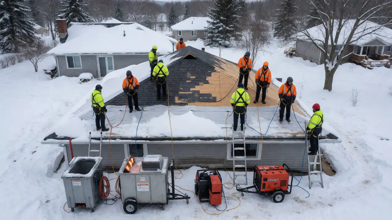 Professionelle Dachsanierung im Schnee mit Sicherheitsausrüstung