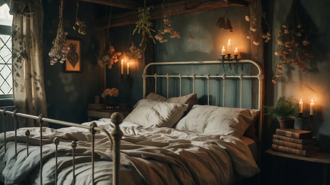 Romantisches Schlafzimmer im Gothic-Cottagecore-Stil mit Schmiedeeisen-Bett, Kerzenlicht und getrockneten Blumen.