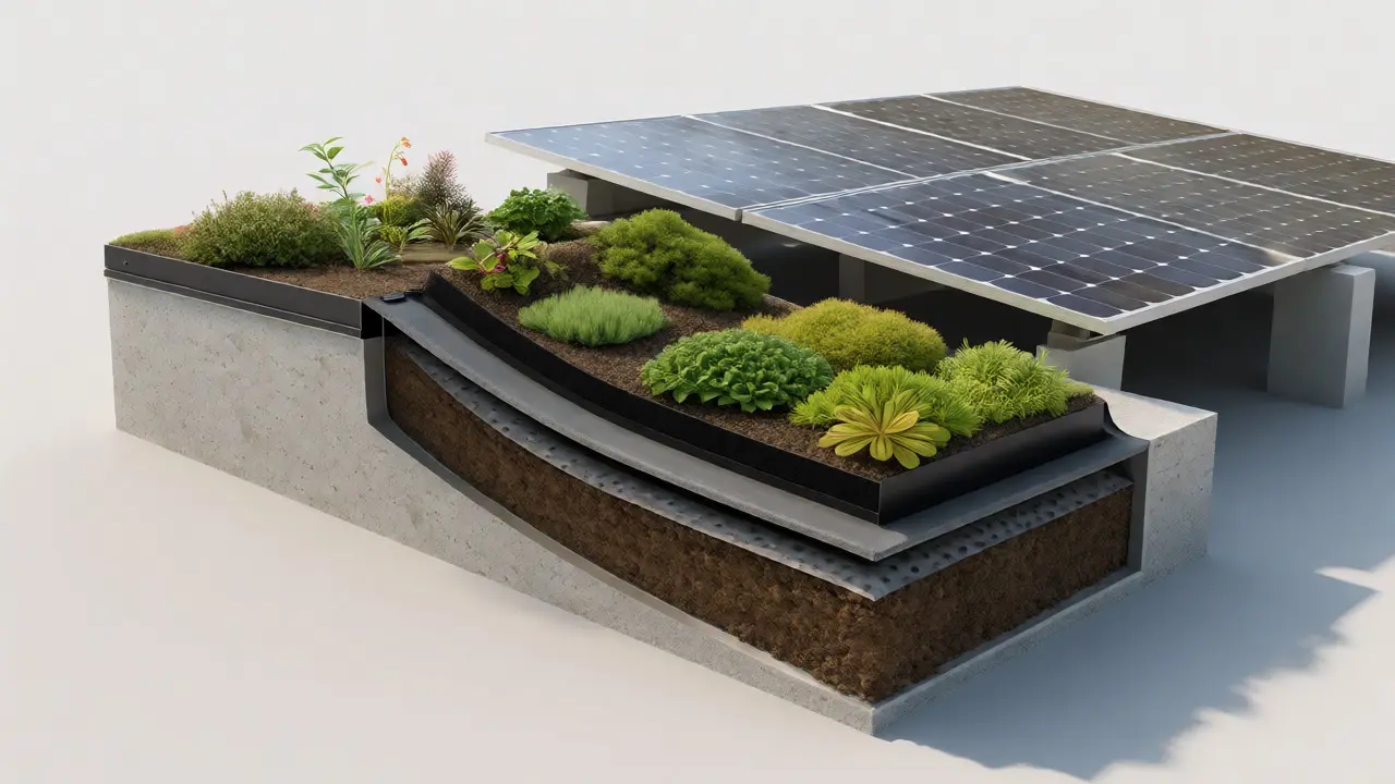 Technischer Querschnitt eines intensiven Gründachs mit Solarpanelen und Pflanzenschichten