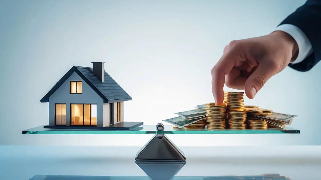 Waage zwischen Haus und Geld als Symbol für Kostenteilung