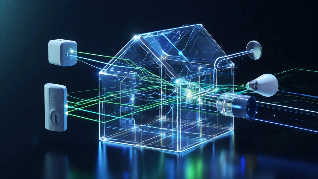 Abstrakte Visualisierung der Matter- und Thread-Protokolle, die verschiedene Smart-Home-Geräte verbinden.
