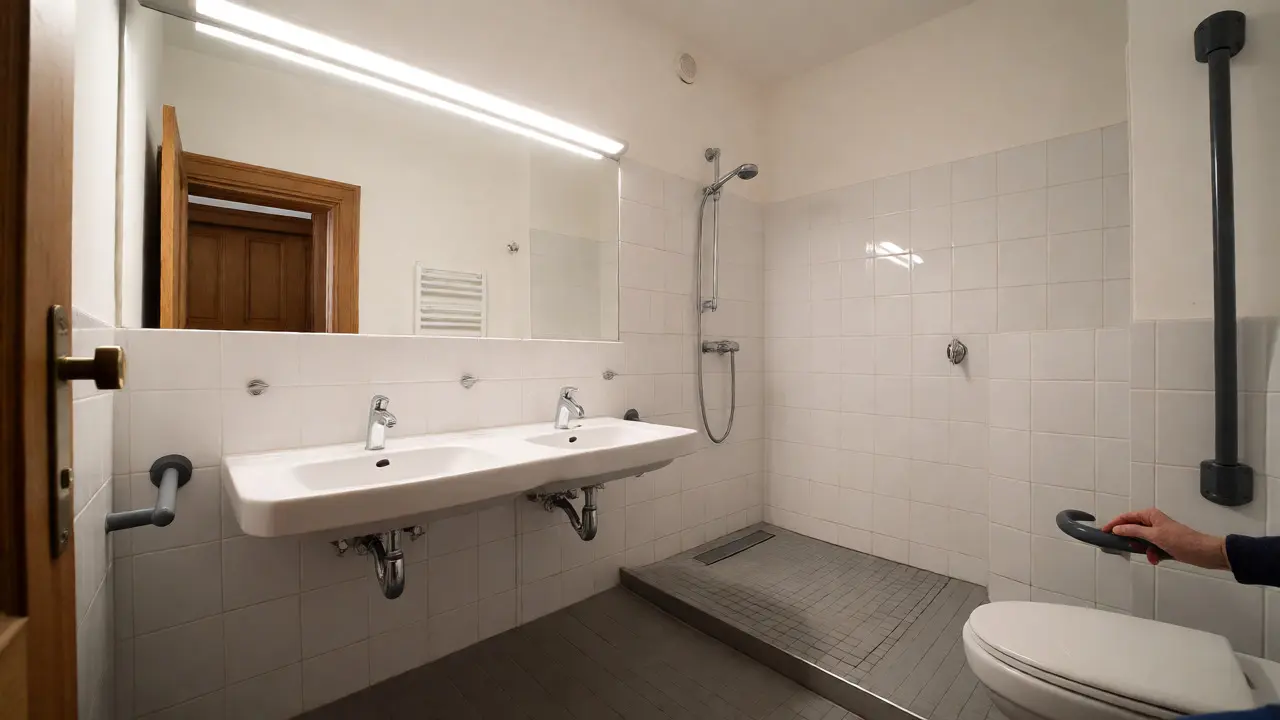 Barrierearmes Bad mit unterfahrbarem Waschtisch und Haltegriffen