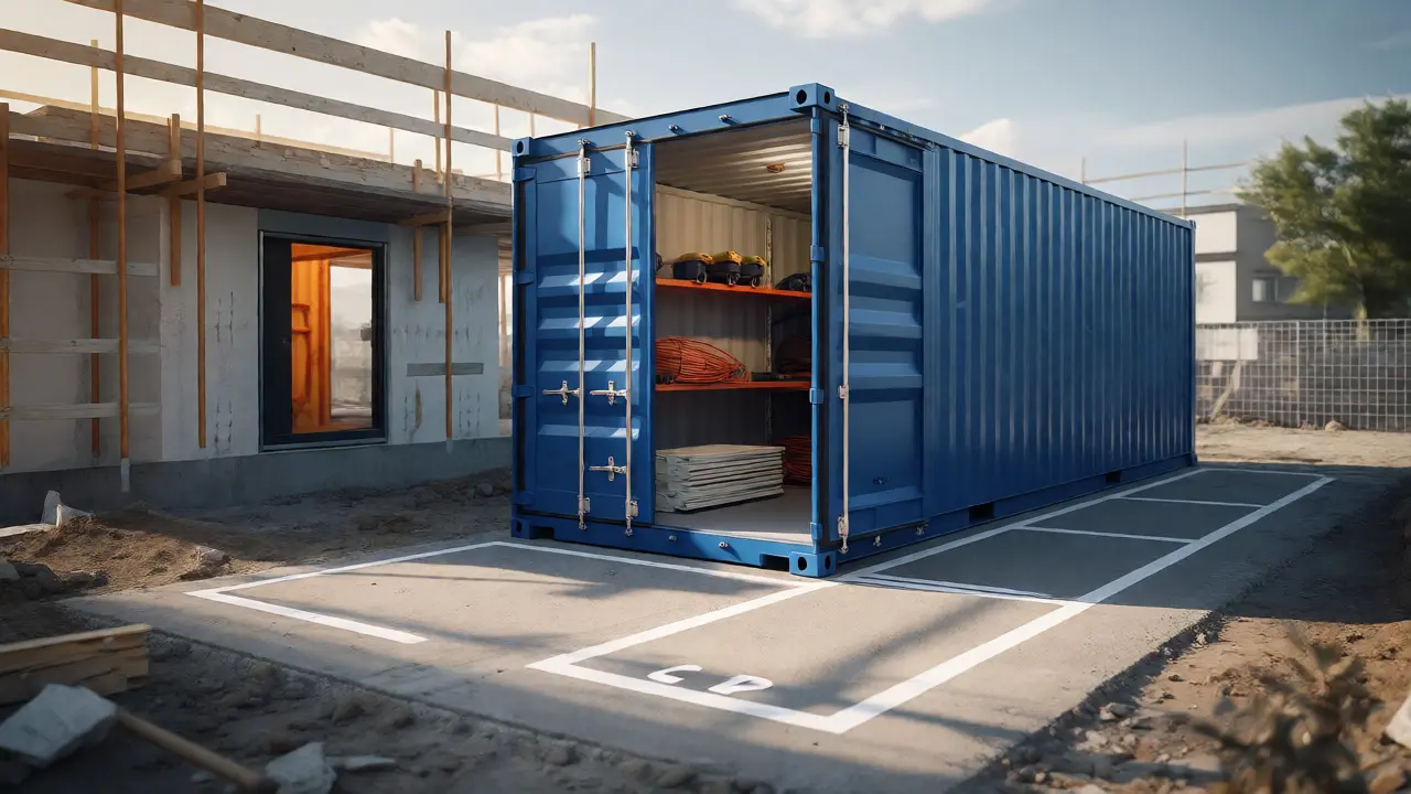 Blauer Seecontainer als mobiler Lagerplatz neben einem Hausfundament.