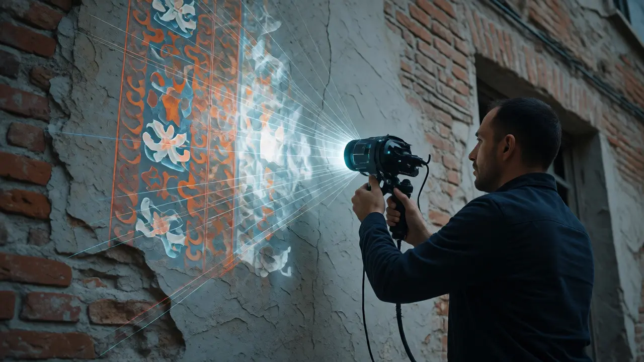 Conservator using multispectral scanner to reveal hidden colors on a wall