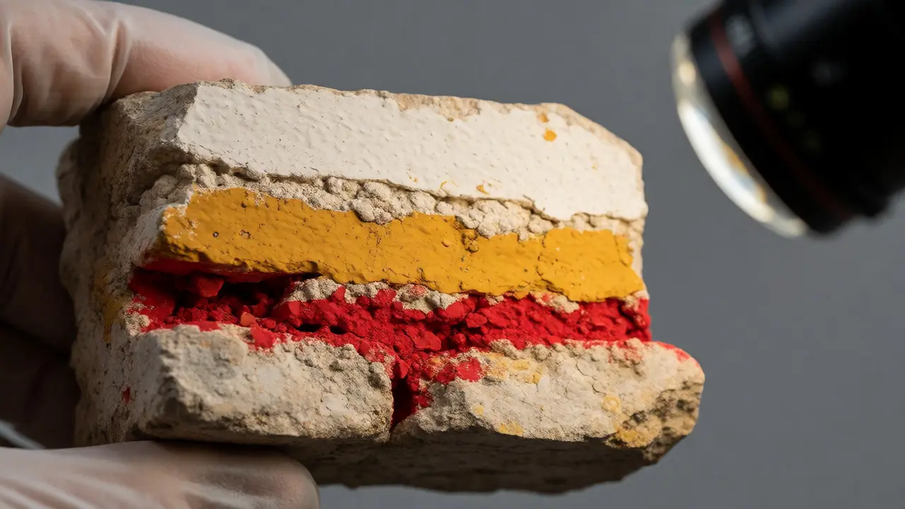 Cross-section of wall showing multiple historical paint layers under analysis